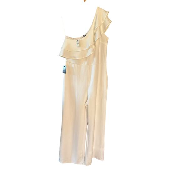 Express White One Shoulder Ruffle, Wide Leg Women's Jumpsuit, Size large - Picture 3 of 7